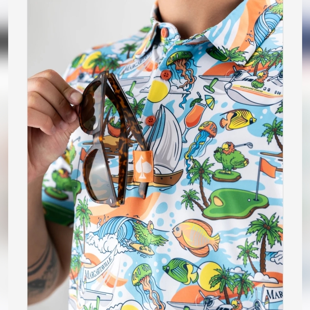 Pins & Aces Margaritaville Pins In Paradise Golf Polo XL Hawaiian Athletic Fit - Picture 2 of 7